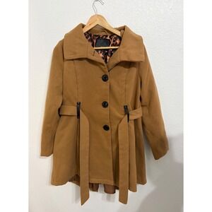 Steve Madden Womens Camel Brown Wool Blend Pea Coat Leopard Lining Brown Medium